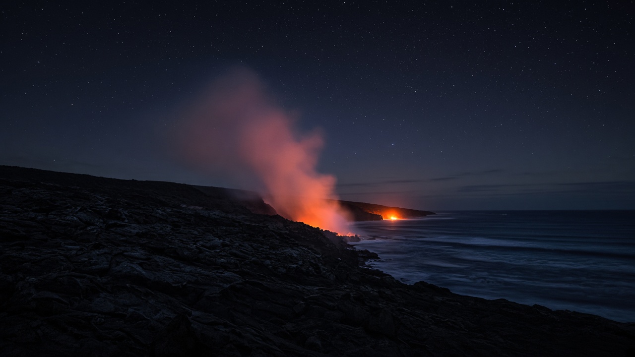 Night volcanic coastline with pink-orange steam and distant lava glow
