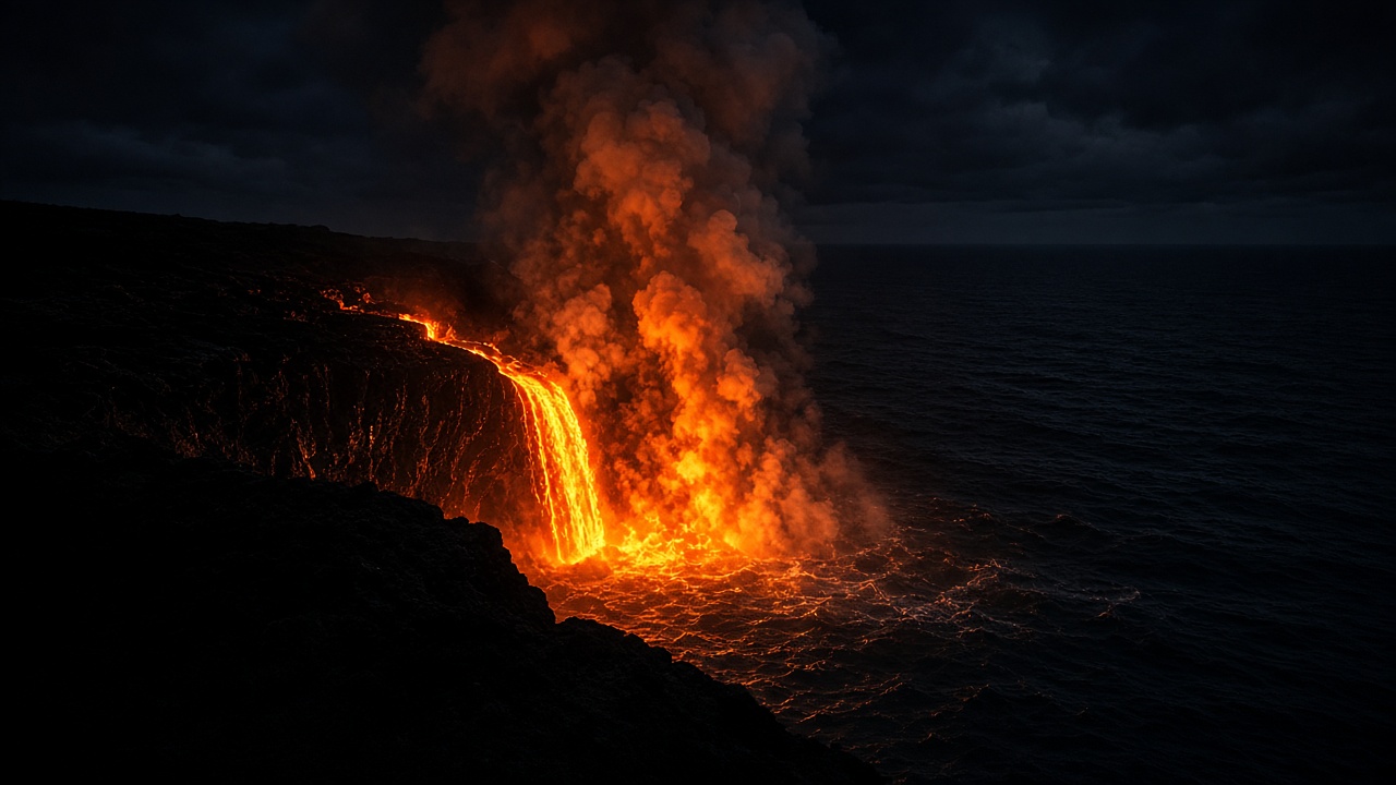 Glowing lava pouring into the Pacific at night under a steam plume; empty cliff edge