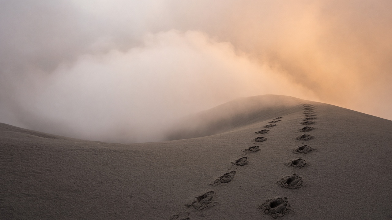 Footprints in volcanic ash ending at an overhang into steam; no figures