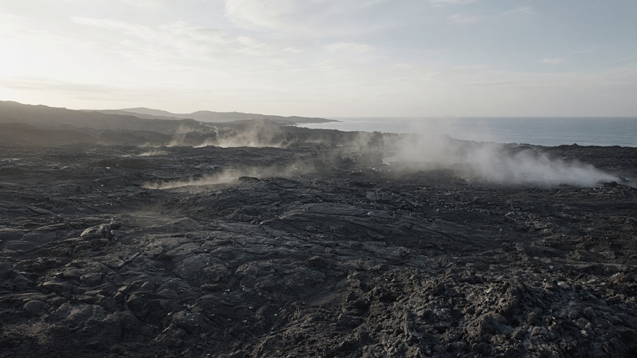 Bleak daylight lava plain with muted steam under an overcast dawn sky