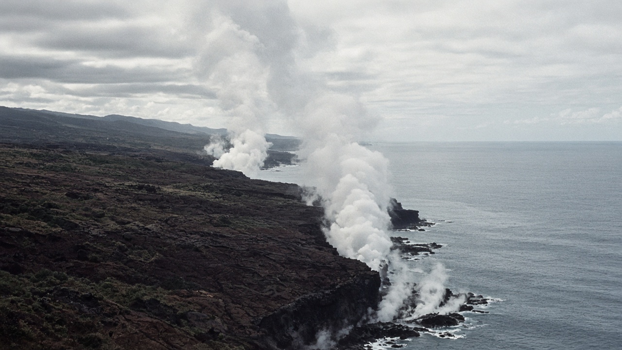 Daytime coastal steam plumes over a Hawaii Volcanoes coastline, desaturated archival mood